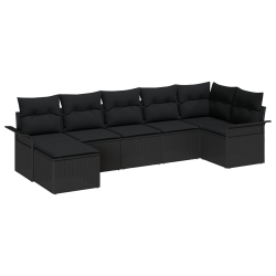 Zestaw 7-częściowy sofy ogrodowej z poduszkami czarny poli rattan, Fotel ogrodowy 2-osobowy z poduszkami czarny poli rattan