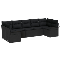 7-częściowy zestaw sof ogrodowych z poduszkami Czarny Poli Rattan, 2-osobowa sofa ogrodowa z miejscem do przechowywania i poduszkami Czarny Poli Ratta
