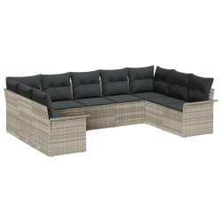 Zestaw 9-częściowych sof ogrodowych z poduszkami Jasnoszary Poly Rattan, Sofa ogrodowa 2-osobowa z miejscem do przechowywania i poduszkami Jasnoszary
