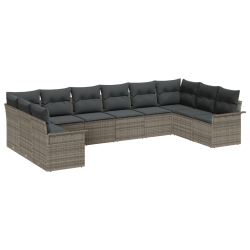 Zestaw 10-częściowy sofa ogrodowa z poduszkami Szary Polirattan, Sofa ogrodowa dwuosobowa z przechowywaniem i poduszkami Szary Polirattan