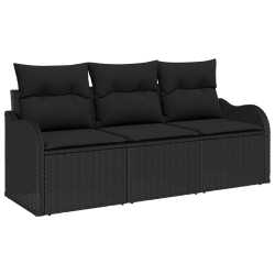 Zestaw 3-częściowej sofy ogrodowej z poduszkami Czarny Polirattan, 2-osobowa sofa ogrodowa z przechowywaniem i poduszkami Czarny Polirattan