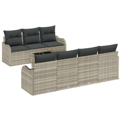 Zestaw sofy ogrodowej 8-częściowy z poduszkami jasnoszary poly rattan, Sofa ogrodowa 2-osobowa z miejscem do przechowywania i poduszkami jasnoszary po