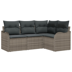 Zestaw Sofy Ogrodowej 4 Części z Poduszkami Szary Poli Rattan, 2-osobowa Sofa Ogrodowa z Przechowywaniem i Poduszkami Szary Poli Rattan