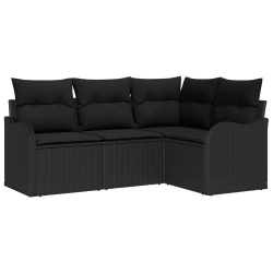 4 Częściowy Zestaw Sofy Ogrodowej z Poduszkami Czarny Poli Rattan, 2-osobowa Sofa Ogrodowa z Przechowalnią i Poduszkami Czarny Poli Rattan