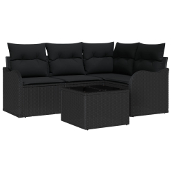 5-częściowy zestaw sof ogrodowych z poduszkami beżowy poli rattan, 2-osobowa sofa ogrodowa z schowkiem i poduszkami czarna poli rattan