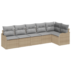 Zestaw 6-częściowy sofa ogrodowa z poduszkami, beżowy polirattan, Sofa ogrodowa 2-osobowa z przechowywaniem i poduszkami, beżowy polirattan