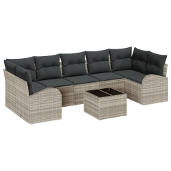 8-częściowy zestaw sofa ogrodowa z poduszkami jasnoszary polirattan, Dwumiejscowa sofa ogrodowa z miejscem na przechowywanie i poduszkami jasnoszary p