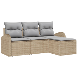 4-częściowy Zestaw Sofy Ogrodowej z Poduszkami Beżowy Poli Rattan, 2-osobowa Sofa Ogrodowa z Przechowalnią i Poduszkami Beżowy Poli Rattan