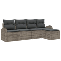 5-częściowy zestaw sof ogrodowych z poduszkami szary poli rattan, 2-osobowa sofa ogrodowa z miejscem do przechowywania i poduszkami szary poli rattan