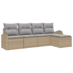 Zestaw ogrodowy 5-częściowy z poduszkami Beżowy Rattan, Dwumiejscowa sofa ogrodowa z przechowywaniem i poduszkami Beżowy Rattan