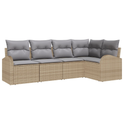 5-częściowy zestaw sof ogrodowych z poduszkami Beżowy Poli Rattan, 2-osobowa sofa ogrodowa z miejscem na przechowywanie i poduszkami Beżowa Poli Ratta
