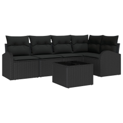 Zestaw Sofy Ogrodowej 6-częściowy z Poduszkami Beżowy Poli Rattan, Sofa Ogrodowa 2-osobowa z Przechowalnią i Poduszkami Czarna Poli Rattan