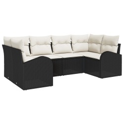 6-elementowy zestaw sof ogrodowych z poduszkami czarny rattan, 2-osobowa sofa ogrodowa z miejscem do przechowywania i poduszkami czarny rattan