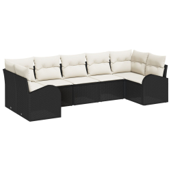 7-częściowy zestaw sof ogrodowych z poduszkami czarny poli rattan, Dwuosobowa sofa ogrodowa z miejscem na schowek i poduszkami czarny poli rattan