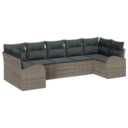 7-częściowy zestaw sof ogrodowych z poduszkami Szary Poli Rattan, Dwuosobowa sofa ogrodowa z schowkiem i poduszkami Szary Poli Rattan