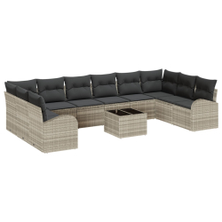 Zestaw sof ogrodowych 11 elementów z poduszkami szary poli rattan, Dwuosobowa sofa ogrodowa z schowkiem i poduszkami jasnoszary poli rattan