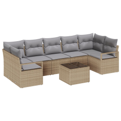 8-częściowy Zestaw Sofy Ogrodowej z Poduszkami Beżowy Poli Rattan, Sofa Ogrodowa 2-osobowa z Przechowywaniem i Poduszkami Beżowy Poli Rattan