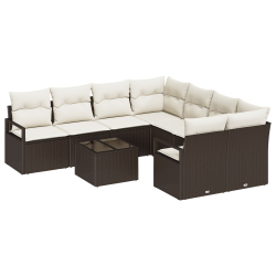 9-częściowy zestaw sof ogrodowych z poduszkami w brązowym rattan, 2-osobowa sofa ogrodowa z przechowalnią i poduszkami w brązowym rattan