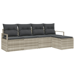 Zestaw Sof Ogrodowych 5-Częściowy z Poduszkami Jasnoszary Rattan, Sofa Ogrodowa 2-osobowa z Przechowywaniem i Poduszkami Szara Rattan