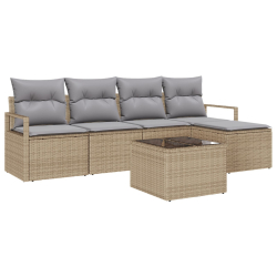 Zestaw ogrodowy 6-częściowy z poduszkami czarny poli rattan, Sofa ogrodowa 2-osobowa z przechowywaniem i poduszkami beżowy poli rattan