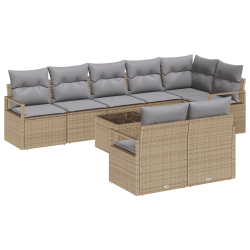 9-częściowy zestaw sofy ogrodowej z poduszkami Black Poly Rattan, 2-osobowa sofa ogrodowa ze schowkiem i poduszkami Beżowy Polirattan