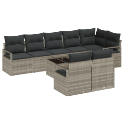 9-częściowy zestaw sofy ogrodowej z poduszkami szary poli rattan, 2-osobowa sofa ogrodowa z przechowalnią i poduszkami szary poli rattan