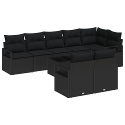 9-częściowy zestaw sof ogrodowych z poduszkami beżowy poli rattan, 2-osobowa sofa ogrodowa z miejscem do przechowywania i poduszkami czarny poli ratta