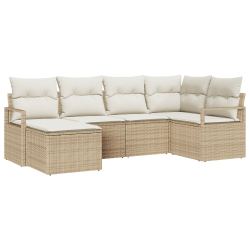 6-częściowy zestaw sofy ogrodowej z poduszkami beżowy poli rattan, 2-osobowa sofa ogrodowa z przechowalnią i poduszkami beżowy poli rattan