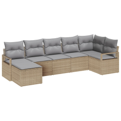 Zestaw 7-częściowej sofy ogrodowej z poduszkami Beżowy Rattan poliester, Dwuosobowa sofa ogrodowa z przechowywaniem i poduszkami Beżowy Rattan poliest