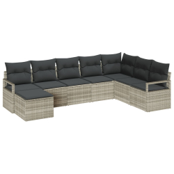Zestaw 7-częściowej sofy ogrodowej z poduszkami Jasnoszary Poli rattan, 2-osobowa sofa ogrodowa z przechowalnią i poduszkami Szary Poli rattan