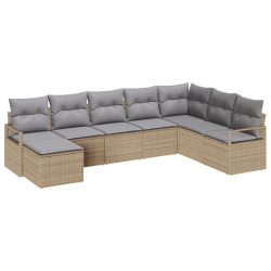 8-częściowy zestaw sofy ogrodowej z poduszkami w beżowym poli rattan, sofa ogrodowa 2-osobowa ze schowkiem i poduszkami w beżowym poli rattan