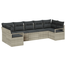 Zestaw 7-częściowy Sof Ogrodowych z Poduszkami Jasnoszary Rattan, Dwuosobowa Sofa Ogrodowa z Przechowalnią i Poduszkami Szary Rattan