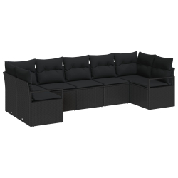 7-częściowy zestaw sof ogrodowych z poduszkami czarny rattan polietylenowy, Dwuosobowa sofa ogrodowa z miejscem na przechowywanie i poduszkami czarny