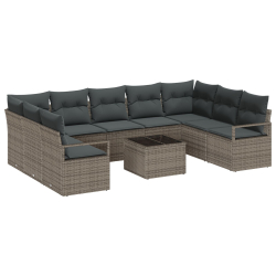 Zestaw 9 elementowy sofy ogrodowej z poduszkami czarny polyrattan, 2-osobowa sofa ogrodowa z schowkiem i poduszkami szary polyrattan