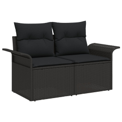 Zestaw 7-elementowy sofy ogrodowej z poduszkami czarna z polirattanu akacji, Dwuosobowa sofa ogrodowa z storage i poduszkami czarna z polirattanu