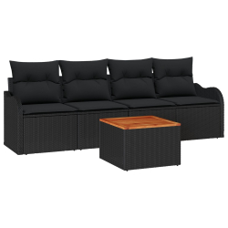 5-częściowy zestaw sof ogrodowych z poduszkami Czarny Poly Rattan Akacja, 2-osobowa sofa ogrodowa z miejscem do przechowywania i poduszkami Czarny Pol