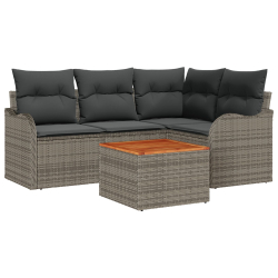 Zestaw sof ogrodowych z poduszkami szary poli rattan akacja, Dwuosobowa sofa ogrodowa z miejscem do przechowywania i poduszkami szary poli rattan