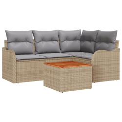Zestaw sofy ogrodowej 5-elementowej z poduszkami Beżowy Poli Rattan Akacja, 2-osobowa sofa ogrodowa z przechowalnią i poduszkami Beżowy Poli Rattan