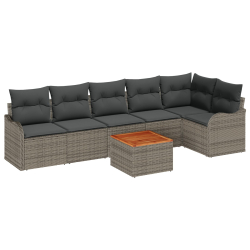 7-częściowy zestaw sof ogrodowych z poduszkami szary rattan akacja, 2-osobowa sofa ogrodowa z przechowywaniem i poduszkami szary rattan