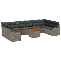 Zestaw 11-częściowy sof ogrodowych z poduszkami Szary Poli Rattan Akacja, 2-osobowa sofa ogrodowa z miejscem na przechowywanie i poduszkami Szary Poli