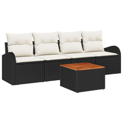 Zestaw sof ogrodowych z poduszkami czarny poli rattan akacja, Zestaw 2-osobowy sofa ogrodowa z miejscem na przechowywanie z poduszkami czarny poli rat