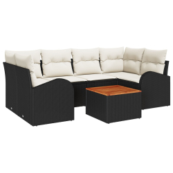 7-częściowy zestaw sofy ogrodowej z poduszkami czarny poli rattan akacja, Dwuosobowa sofa ogrodowa z schowkiem i poduszkami czarny poli rattan