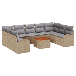 Zestaw sofy ogrodowej 10-częściowy z poduszkami Beżowy Poli Rattan Akacja, 2-osobowa sofa ogrodowa z przechowalnią i poduszkami Beżowy Poli Rattan