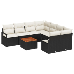 9 Częściowy Zestaw Sofy Ogrodowej z Poduszkami Czarny Rattan Akacja, 2-osobowa Sofa Ogrodowa z Przechowywaniem i Poduszkami Czarny Rattan