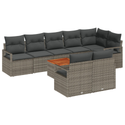 Zestaw Sofy Ogrodowej 9 Części z Poduszkami Szary Rattan Poli Rattan Akacja,  Sofa Ogrodowa 2-osobowa z Przechowywaniem i Poduszkami Szary Rattan Poli