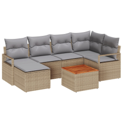 7-elementowy zestaw sof ogrodowych z poduszkami Beżowy Rattan Akacja, 2-osobowa sofa ogrodowa z miejscem do przechowywania i poduszkami Beżowy Rattan