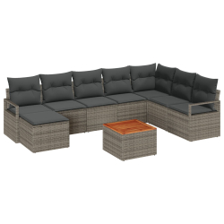 9-częściowy Zestaw Sofy Ogrodowej z Poduszkami Szary Polyrattan Akacja, Sofa Ogrodowa 2-osobowa z Przechowalnią i Poduszkami Szary Polyrattan