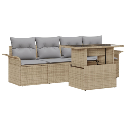 5-częściowy Zestaw Sofowy z Poduszkami Beżowy Poli Rattan, 2-osobowa Sofa Ogrodowa z Przechowalnią i Poduszkami Beżowy Poli Rattan