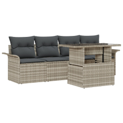 Zestaw 5-częściowy sof ogrodowych z poduszkami jasnoszary poli rattan, 2-osobowa sofa ogrodowa z przechowalnią i poduszkami jasnoszary poli rattan