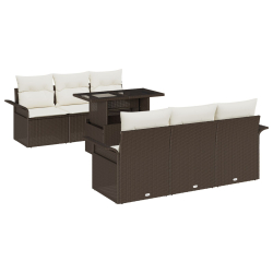 Zestaw 7-częściowy sof ogrodowych z poduszkami Brązowy Rattan PE, Sofa ogrodowa 2-osobowa z miejscem do przechowywania i poduszkami Brązowy Rattan PE